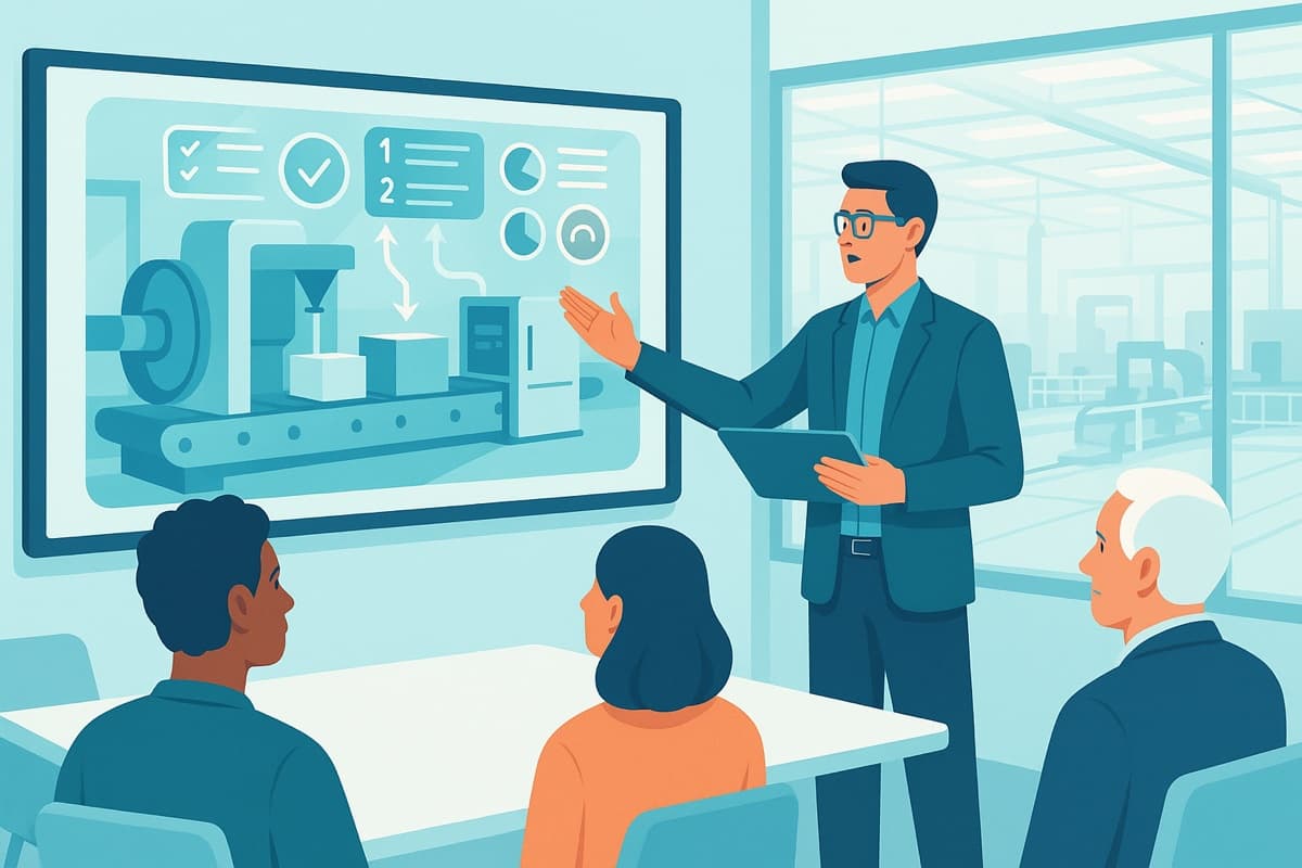 Sales engineer explaining AR and AI solutions to customers